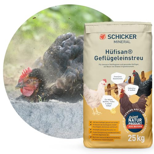 Schicker Mineral Hüfisan Geflügeleinstreu 25 kg, Badesand aus Diabas Urgesteinsmehl für Hühner, Tauben & Geflügel, Naturprodukt zur Feder- & Stallpflege, aktiver Schutz vor Parasiten und Milben