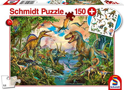 Schmidt Spiele Puzzle 56332 Wilde Dinos, inklusive Tattoos Dinosaurier,Kinderpuzzle,150 Teile, bunt