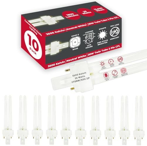 GoodBulb 26 Watt CFL Light Bulbs 2 Pin G24D-3 Base 3500K Neutral White 26W High Output 1800 Lumens Double Tube Compact Fluorescent Light Bulbs Plug-in 10 Pack