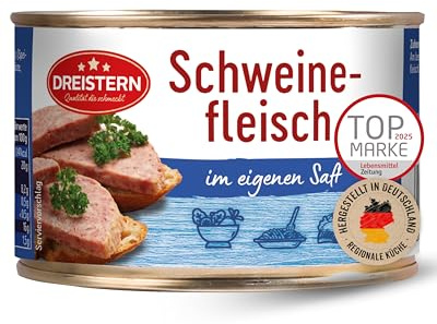 DREISTERN Schweinefleisch im eigenen Saft 400g I Mit Schweineschwarte I Herzhafte Spezialität in recyclebarer Konservendose I Lange Haltbarkeit dank natürlicher Konservierung I Hausmacher Qualität