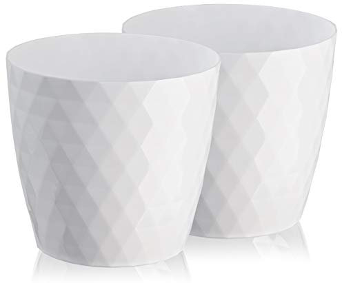 Tymar Blumentopf, 2er-Pack, glänzender, Leichter, dekorativer Pflanzentopf aus Kunststoff, Moderne, Runde Form, für Innenräume,Pflanzkübel (14 cm, Weiß)