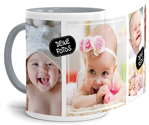 Foto-Tasse zum selbst gestalten mit Foto-Collage für 6 Wunschfotos - Geschenk für Familie, Freunde, Geburtstag, Weihnachten - Keramik Innen & Henkel Grau, 300 ml I Personalisiert