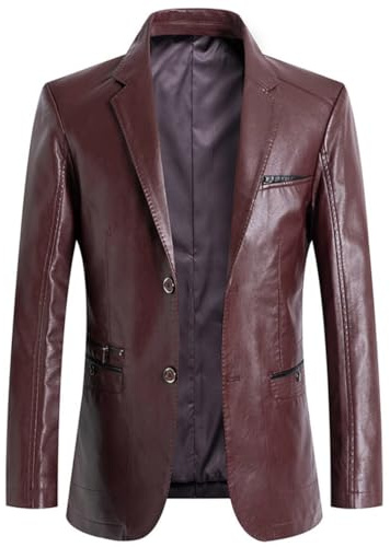 ebossy Men's Classic Notched Lapel Faux Leather Blazer Jacket Casual Slim Fully-Lined Long Sleeve Trucker Coat with Pockets (Medium,Wine-red)