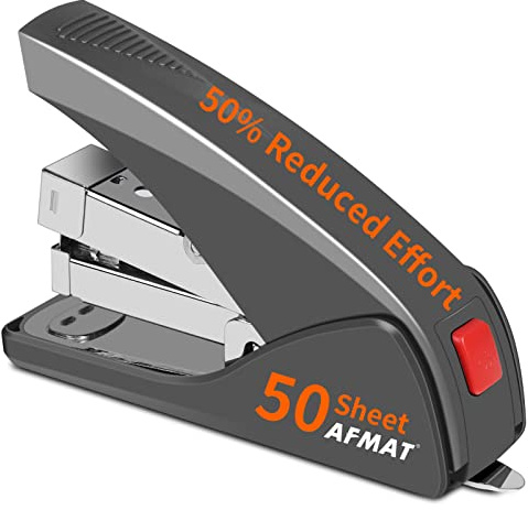 AFMAT Effortless Stapler for Desk, 50 Sheet Desktop Stapler, Ergonomic Office Staplers, One Finger Touch Stapling, Built-in Remover, Portable & Space Save Size, Good for Home & Office ES10(Gray)