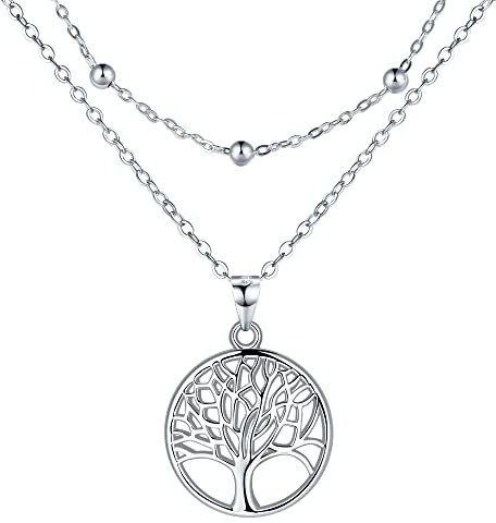Lydreewam árbol de la Vida Collar para Mujer Plata de Ley 925 Collar Doble Cadena con Caja de Regalo para Navidad Cumpleaños, Ajustable 40+5cm