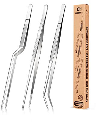 Set di pinzette da cucina, pinze professionali per alimenti in acciaio inox, pinzetta da cucina nera lunga per cucinare, impiattare, decorare e grigliare (ARGENTO, 25,5 CM)