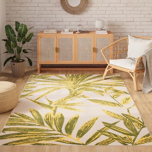 TAPISO Patio Alfombra de Pelo Corto Exterior Interior Resistente Moderna Efecto 3D Hojas de Palma Crema Verde Alfombra de Salón Terraza Cocina Habitación Balcón Oeko-Tex 200 x 300 cm