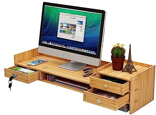 Futchoy Monitorständer, Holz Monitor Stand Riser Mit Schublade Gebaut FüR Laptop Bildschirm Computer Desktop Organizer