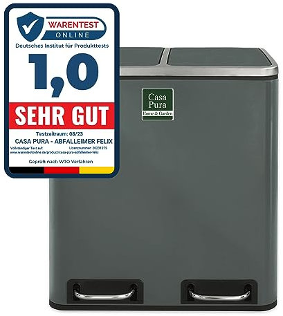 casa pura | Felix | Poubelle Tri Sélectif | Double Compartiment | Amortisseur de Fermeture | Pédales en Métal | Design Idéal pour Cuisine et Bureau | Anthracite, 2 x 15 Litres