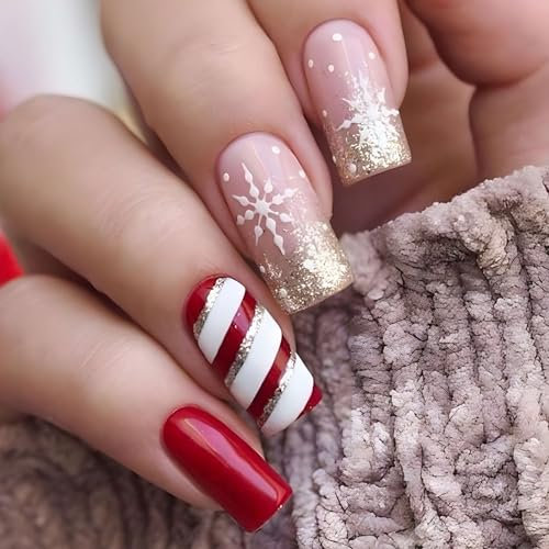 Ceboic 24 Stück Press on Nails Mittel, Square Künstliche Nägel Weihnachten Schneeflocke Nägel Zum Aufkleben, Gold Glänzend Kunstnägel Selbstklebend Acryl Fingernägel Fake Nails für Frauen und Mädchen