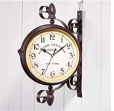 Antik Retro Bahnhofsuhr Vintage doppelseitige Wanduhr, 360 ° Drehbahnbahnuhr, Eisen Metall Stille, ruhige Grand Central Maueruhr, Innenhaus im Freien, Terrassen, Gartenkunst dekorativ Wanduhr Doppelse
