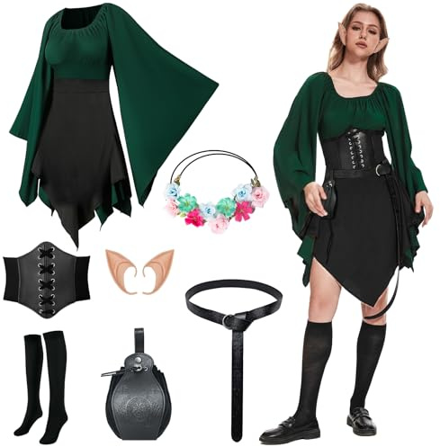 Mittelalter Kleidung Damen Irisches Kleid Dress Renaissance Elfen Cosplay Kostüm set 8pcs mit Elfenohren,Elfenkopfringe, Gürtel, Vintage-Taschen,Rockclips,Overknee Sockenund Ledergürtel.(Schwarz, 3XL)