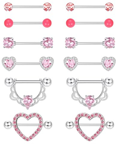 Diamday 6 Pares Piercing Pezon 316L Acero Quirúrgico Piercing Lengua 14G Pezons Barras Hipoalergénico CZ Corazón Lengua Piercings Barra Pezón Anillos Piercings Joyería para Mujeres