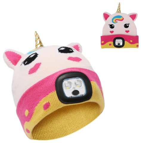 APODESS Einhorn Mütze mit LED: Kinder Leuchtmütze, Wintermütze mit USB 4 LED Lampe, Wiederaufladbare Stirnlampe, Strickmütze Einhorn, Geschenke für Mädchen, Weihnachten, Geburtstag