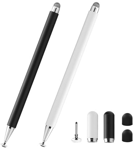 Stylet Tactile 2 en 1 pour Tablette et Téléphone Portable - Universel Capacitif avec 2 Embouts de Rechange - Compatible iPhone, iPad, Samsung