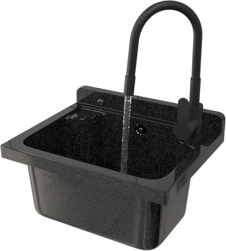 Set Lavandino + Sifone + Rubinetto - Lavatoio da Esterno 42x 34x24 cm - Lavandino esterno per lavanderia, garage, giardino - Lavabo Resistente agli acidi e alle sostanze chimiche - Nero - Granitan