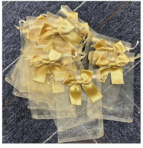 GreatRise 20 Stück Gold Organzasäckchen mit Schleifen Dekoration Geschenkbeutel Organzabeutel Transparent Klein Schmuckbeutel DIY Seifentasche Weihnachten Party Schmuck Süßigkeitenbeutel 17 * 23cm