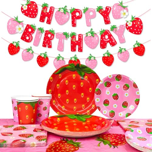 Stoviglie per Feste di Compleanno Fragola, 16ospite Set di Stoviglie per Feste alla Fragola - Tovaglia Piatti di Carta Tovaglioli Bandiera etc Forniture per Feste di Compleanno