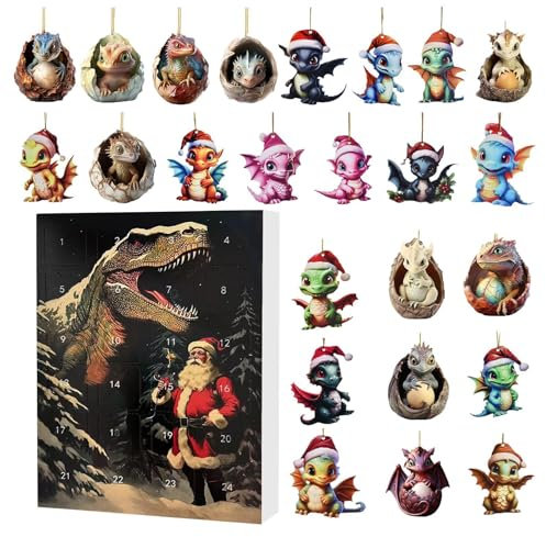 Weihnachtlicher Dinosaurier-Kalender | 2024 Adventskalender | Dinosaurier Weihnachten Countdown | 24 Tage Adventskalender | Festlicher Adventskalender Bunte Acryl Ornamente für Kinder Pädagogischer