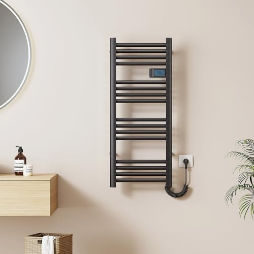 EMKE Elektrischer Handtuchheizkörper 960 x 400 mm, Badheizkörper Elektrisch mit Touchschalter Timer, Handtuchtrokner Handtuchwärmer Elektrisch Handtuchheizung Schwarz Matt 300W