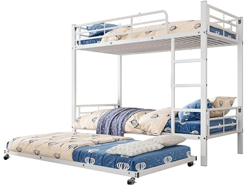 Azkoeesy Etagenbett mit Ausziehbett für 3 Erwachsene, 90 x 200 cm & 90 x 190 cm, mit Fallschutz und Metall Lattenrost, Stockbett, Dreibett, weiß