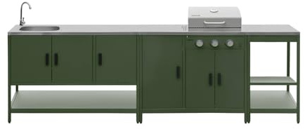 Cucina da esterno 3 moduli con barbecue a gas 3 bruciatori su piedi, termometro Verde - 100x51x87.5 cm