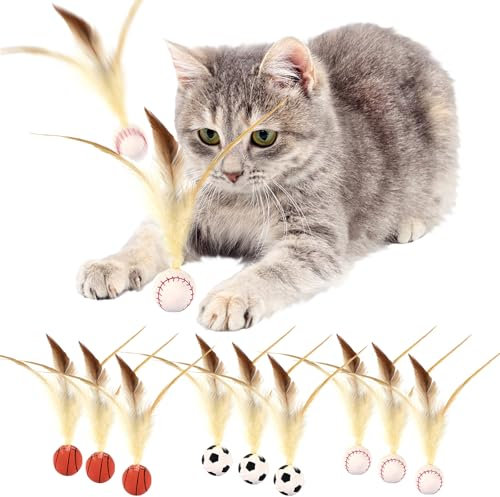AUNGCSHE 9 PCS Katzenspielzeug Ball with Feather, Katzenspielzeug Federn Bouncy, Federspielzeug für Katzen, Cat Bouncy Ball Spielen für Drinnen und Draußen, Hochelastischer Spaß