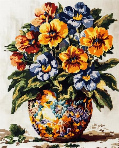 N.LANSHAN 11CT Diy Sticken Set Erwachsene Stiefmütterchen Blumen In Vase Diy Starter Stickbild Erwachsene Anfanger Stickpackungen Kreuzstich Handwerk Geschenk 30x40cm