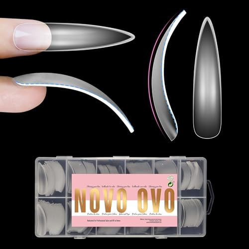 NOVO OVO Halloween XXL Curved Almond Stiletto Nail Tips Press on Full Cover, extra lange XL-Acryl-Hawk-Curve-Kunstnägel-Verlängerungsset, klare, vorgeätzte, French-Kunstnägel, 12 Größen, 240 Stück