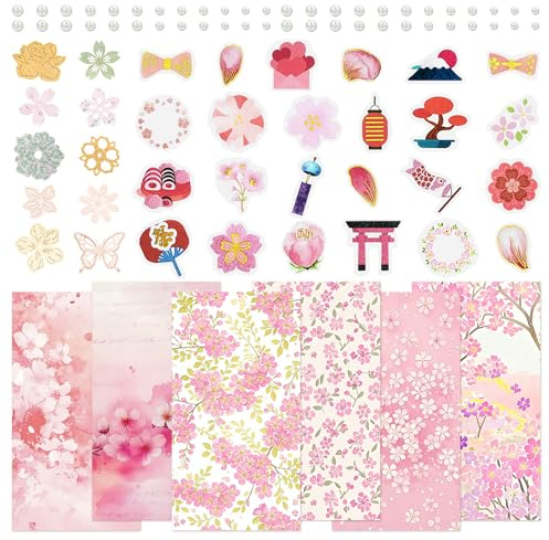Mayplous Sakura Scrapbooking Kit mit Kirschblüten-Sticker, Papierblumen & Goldfolie-Dekos, Japanische Deko-Aufkleber für Journal, Planner, Kartenbasteln und Handarbeiten (Freesa)