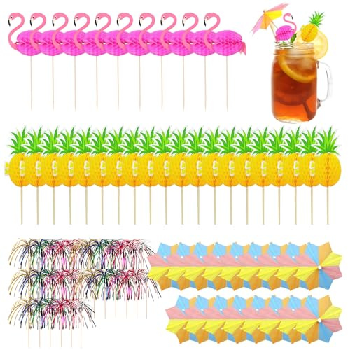 Lot de 80 pics à cocktail, 20 brochettes de fruits flamant rose, 20 brochettes de fruits ananas, 20 bâtons parapluie en papier, 20 pics à feux d'artifice, parfaits pour les fêtes, les mariages et les