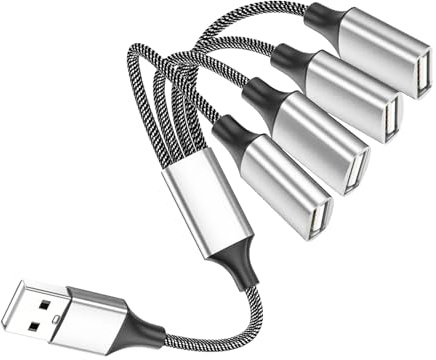 Leloco USB Splitter 1 zu 4 Verteiler 0,25m USB Y Kabel Adapter 2.0 | Aluminiumgehäuse, 480 Mbps Daten & 1.5A Laden. Plug & Play für Mac, Auto, PS4, Laptop. Erweitert 1 Port auf 4.