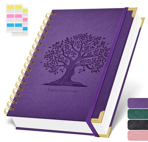 ROBCURSE A5 anteckningsbok, anteckningsblock, trådbunden spiralanteckningsbok 300 sidor/150 ark, trädpräglat läderfodral, linjerad journal eller kvinnoskrivande, 100 GSM tjockt papper, lila, 14,7 x 21