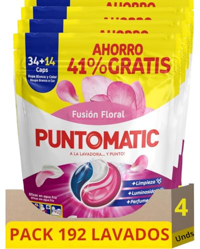 PUNTOMATIC | Cápsulas Tricámara Floral | Detergente Lavadora para Ropa Blanca y de Color | Quitamanchas | 34+14 (48) lavados, 4 Unidades 192 Lavados (192)
