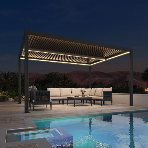 Bioclimatic - Pergola in alluminio, 4,24 x 3 m, con striscia luminosa a LED, impermeabile, per esterni, con doghe regolabili, per patio e posto auto coperto, colore grigio