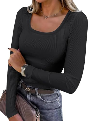 AirMood Women Long Sleeve Casual Ribbed T-Shirts Top Scoop Neck Rib Slim Fit Tunic Tshirt (Black,XXL)