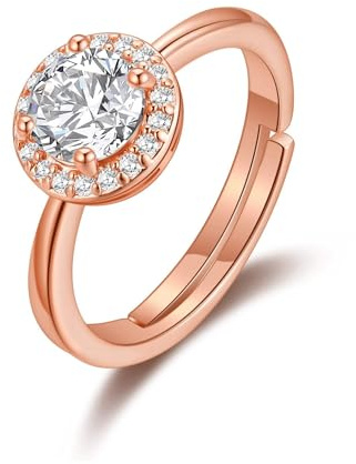 Philip Jones Rose Gold Plated Round Halo Adjustable Ring Created with Zircondia® Crystals
