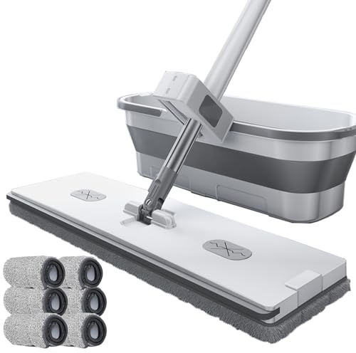 Juego de fregona plana y cubo, fregona de microfibra giratoria de 360° con raspador de deshidratación para una limpieza eficiente de suelos de madera, laminados y azulejos