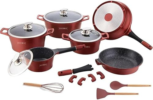 Batteria Pentole Padelle 17 Pz Royalty Professionale Alluminio pressofuso Antiaderente Rivestimento In Pietra Lavica Piano Induzione e gas, Coperchi in Vetro, Utensili Inclusi RL-ES1014M (Bordeaux)