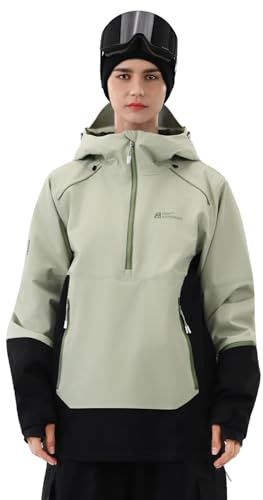 HIGH EXPERIENCE Ski Jacket Women with Recco 3L Snowboard Anorak Pullover Baggy Coat Hooded Insulated Hoodie Waterproof Warm (US, Alpha, Medium, Regular, Regular, Matcha Green Black)