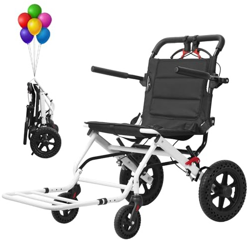 Sedia a rotelle pieghevole leggera, sedia a rotelle pieghevole da viaggio in acciaio al carbonio con cintura di sicurezza e manico telescopico, ruote posteriori 30 cm, per adulti, per aereo e