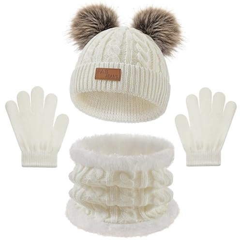 Warmiehomy Girls Hat Scarf and Gloves Set 3 in 1,Kids 3Pcs Winter Beanie Pompom Hat Fleece Lining Scarf Knitted Gloves Winter Accessories Sets for Aged 2-8 Children Outdoor Activities (White)