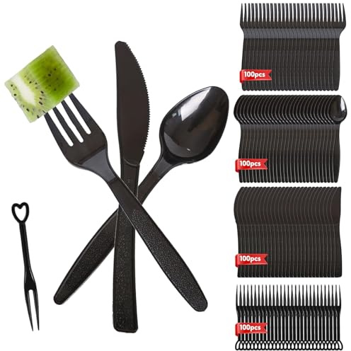 Reusable Cutlery Set, 400 Pcs Reusable Cutlery Perfect Includes100 Knives, 100 Forks, 100 Spoons and 100 Fruit Fork for Birthday Parties Picnic Buffets(Black)