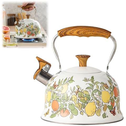 3L Bouilloire Sifflante, Inox Bouilloire Sifflante Induction, avec motif, Poignée Résistante à la Chaleur, Théière Vintage pour Thé et Café, Convient pour gaz et Induction