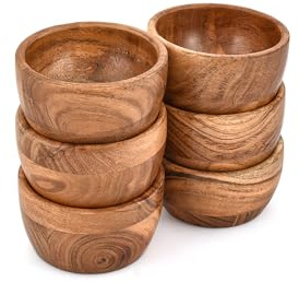 Samhita Lot de 6 bols ronds en bois d'acacia rustique - Idéal pour les noix, les bonbons, les apéritifs, les collations et plus encore - Décoration de cuisine parfaite (10,2 x 10,2 x 5 cm)