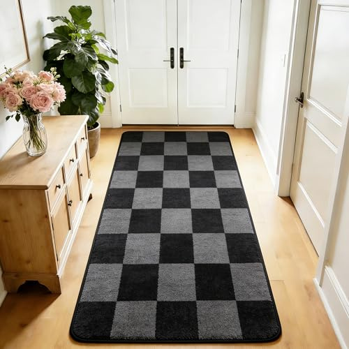 Teppich Flur Läufer Kurzflor Mit Karomuster, 80X150cm, Schwarz und Grau | Teppich für Schlafzimmer Kinderzimmer mit Hoch-Tief-Effekt, hohe Flordichte und angenehm weich, Moderner Bogenförmiges Design
