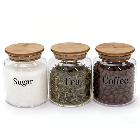 Punorric 3-Piece Tea Coffee and Sugar Canisters Set - 500ml Glass Jars with Bamboo Lids, Airtight Coffee Canister & Sugar Pot, Kitchen Canisters, Perfect Kitchen Food Storage Organiser