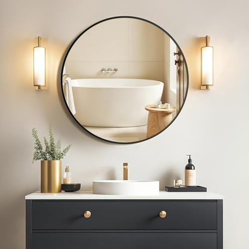 Sqinor Spiegel Rund Schwarz 50cm HD Spiegelglas Wandspiegel, Modern Badspiegel Rund mit Aluminium Rahmen, Hängend oder Kleben, Deko Runder Spiegel für Bad Badezimmer Flur Wohnzimmer Schlafzimmer