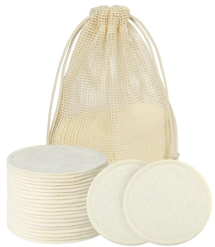 HOTUT 20PCS Algodones Desmaquillantes Lavable Con Bolsa De Malla,Almohadillas Faciales De Algodón Reutilizables Lavables De Bambú,Discos Limpiadores Natural Fiber Suave,Blanco