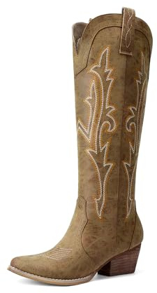DREAM PAIRS Women's Western Knee High Cowboy Boots | Embroidered Pointed Toe Block Chunky Heel Pull-On Cowboy Boots Cowgirl Tall Boots for Women